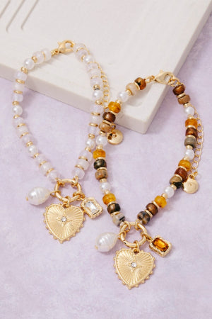 Beaded Heart & Pearl Charm Bracelet