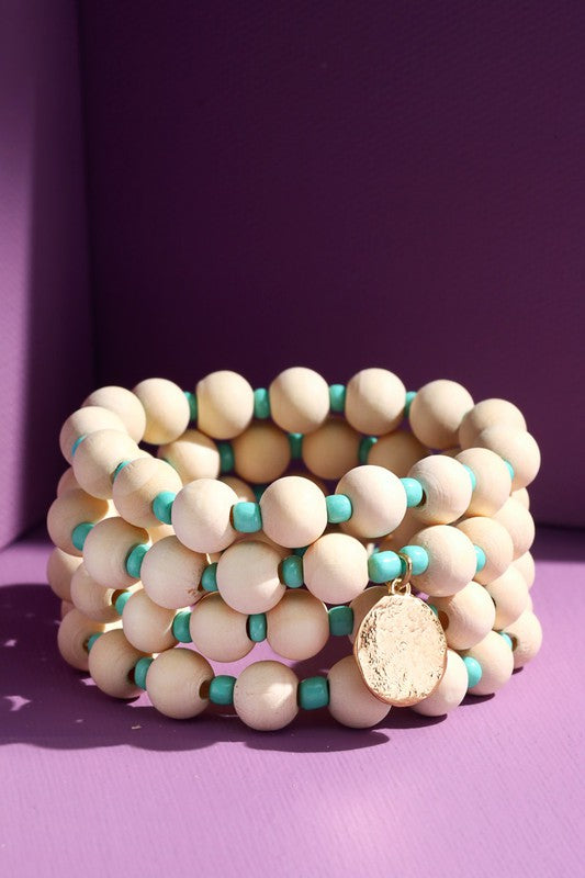 Set of 4 Wood Bead Bracelet with Colored Accents