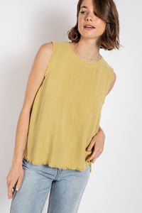 Sleeveless Back Button Closure Frayed Top