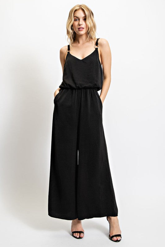 Solid V-Neck Elastic Waist Jumpsuit