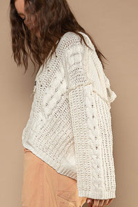 V-Neck Hooded Cable Knit Chenille Pullover