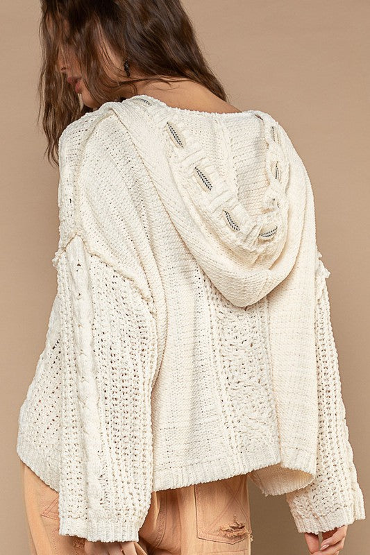 V-Neck Hooded Cable Knit Chenille Pullover
