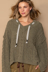 V-Neck Hooded Cable Knit Chenille Pullover