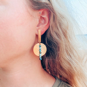 Brass Disk and Turquoise Drop Earrings