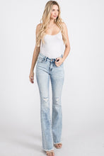 Load image into Gallery viewer, Distressed Mid-Rise Petite Flare Jeans with Frayed Hem
