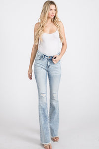 Distressed Mid-Rise Petite Flare Jeans with Frayed Hem