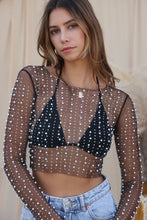 Load image into Gallery viewer, Pearl and Rhinestone Long Sleeve Mesh Top
