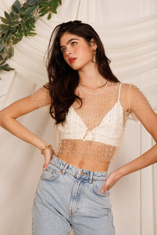 Pearls and Rhinestones Short Sleeve Mesh Crop Top