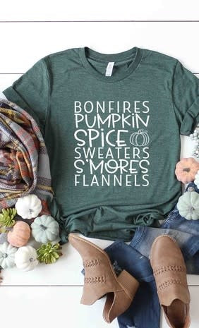 Bonfires, Pumpkin Spice, Sweaters, Smores Flannels Tee